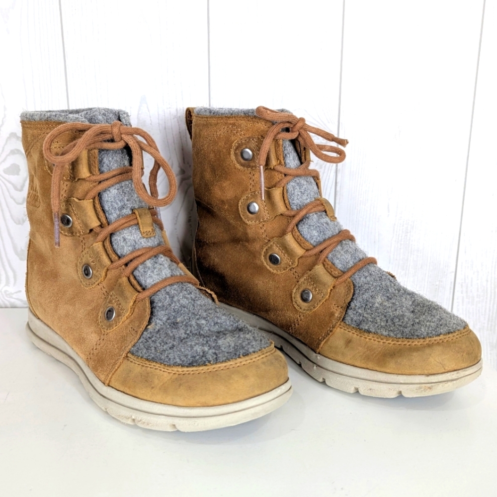 Sorel Explorer Joan Boots Women's Size 8.5 Suede and Felt Waterproof Brown Gray